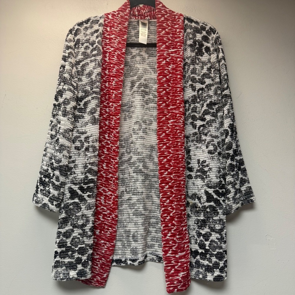 Chico's Easywear Cardigan Women Size 2 Red Black White Animal Print‎ Excellent